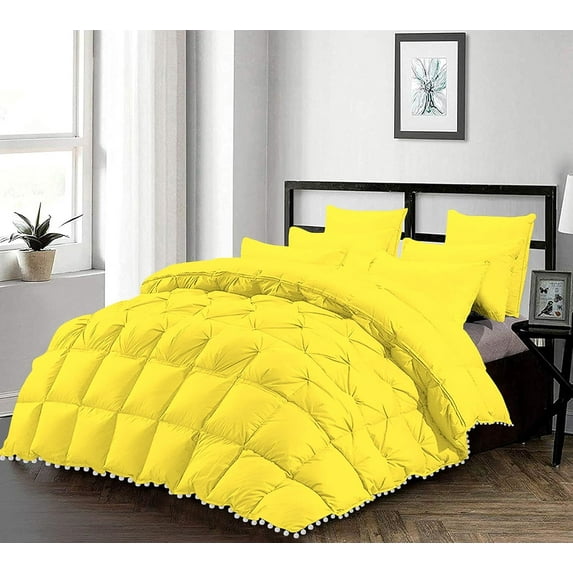 D.N.G. BEDDINGS Luxurious 1 Piece Pom Pom Half Pinch Pleated Comforter, 800 Thread Count, 100% Egyptian Cotton, White Vintage Pom-Pom Fringe Super Soft (Oversized Super King Size Solid Yellow Color)