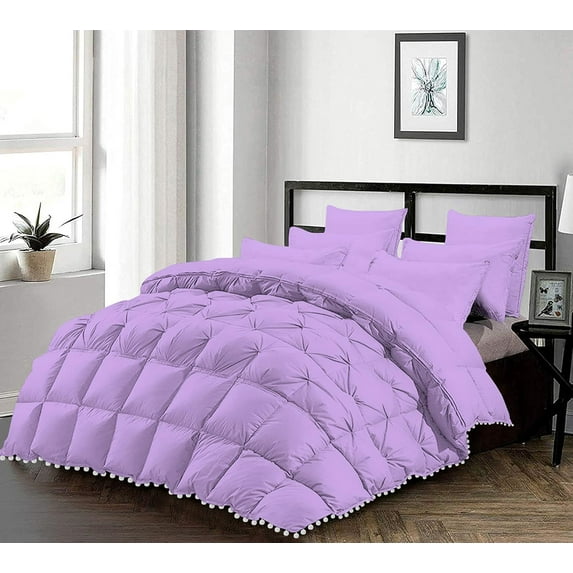 D.N.G. BEDDINGS Luxurious 1 Piece Pom Pom Half Pinch Pleated Comforter, 800 Thread Count, 100% Egyptian Cotton, White Vintage Pom-Pom Fringe Super Soft (Oversized Super King Size Solid Lilac Color)