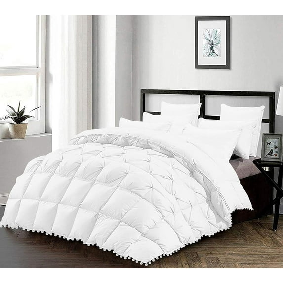 D.N.G. BEDDINGS Luxurious 1 Piece Pom Pom Half Pinch Pleated Comforter, 800 Thread Count, 100% Egyptian Cotton, White Vintage Pom-Pom Fringe Super Soft (Super King Size Solid White Color)