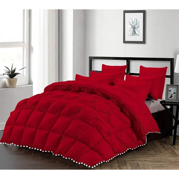 D.N.G. BEDDINGS Luxurious 1 Piece Pom Pom Half Pinch Pleated Comforter, 800 Thread Count, 100% Egyptian Cotton, White Vintage Pom-Pom Fringe Super Soft (Twin/Twin XL Size Solid Red Color)