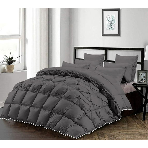 D.N.G. BEDDINGS Luxurious 1 Piece Pom Pom Half Pinch Pleated Comforter, 800 Thread Count, 100% Egyptian Cotton, White Vintage Pom-Pom Fringe Super Soft (Twin/Twin XL Size Solid Dark Grey Color)