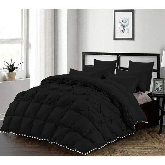 D.N.G. BEDDINGS Luxurious 1 Piece Pom Pom Half Pinch Pleated Comforter, 800 Thread Count, 100% Egyptian Cotton, White Vintage Pom-Pom Fringe Super Soft (Twin/Twin XL Size Solid Black Color)