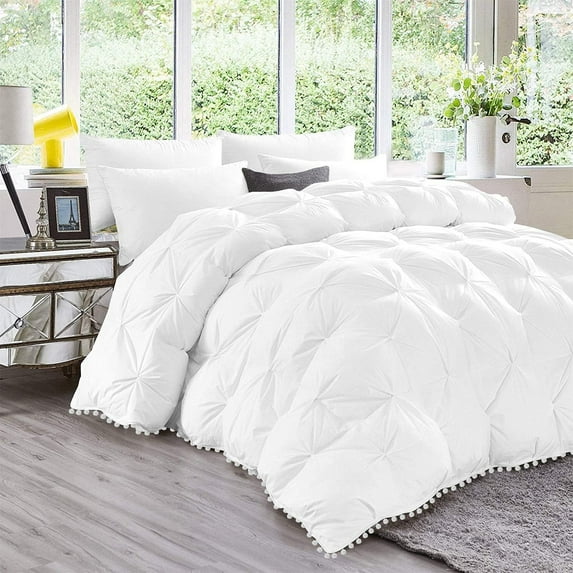 D.N.G. BEDDINGS Luxurious 1 Piece Pom Pom Pinch Pleated Comforter, 800 Thread Count, 100% Egyptian Cotton, White Vintage Pom-Pom Fringe (King/California King Size Solid White Color)