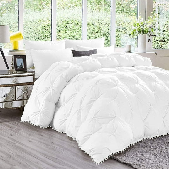 D.N.G. BEDDINGS Luxurious 1 Piece Pom Pom Pinch Pleated Comforter, 800 Thread Count, 100% Egyptian Cotton, White Vintage Pom-Pom Fringe (King/California King Size Solid White Color)