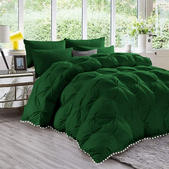 D.N.G. BEDDINGS Luxurious 1 Piece Pom Pom Pinch Pleated Comforter, 800 Thread Count, 100% Egyptian Cotton, White Vintage Pom-Pom Fringe (Oversized Super King Size Solid Green Color)