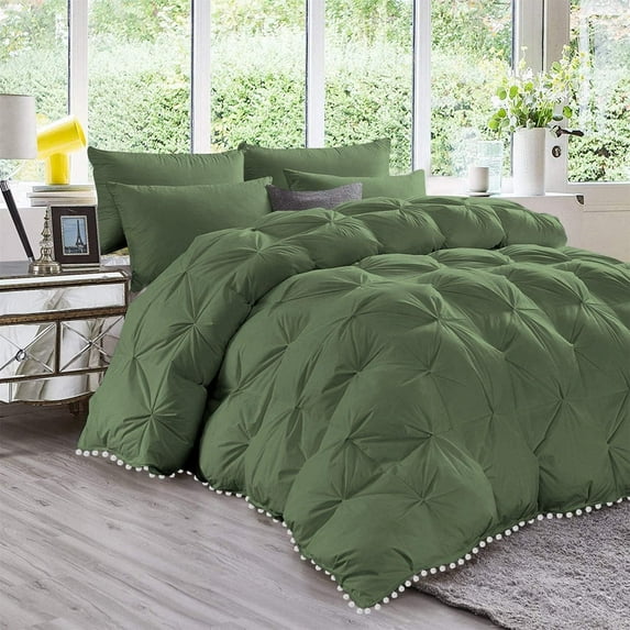 D.N.G. BEDDINGS Luxurious 1 Piece Pom Pom Pinch Pleated Comforter, 800 Thread Count, 100% Egyptian Cotton, White Vintage Pom-Pom Fringe (Oversized Super King Size Solid Moss Color)