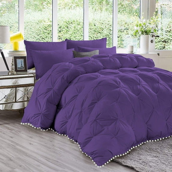 D.N.G. BEDDINGS Luxurious 1 Piece Pom Pom Pinch Pleated Comforter, 800 Thread Count, 100% Egyptian Cotton, White Vintage Pom-Pom Fringe (Super King Size Solid Purple Color)