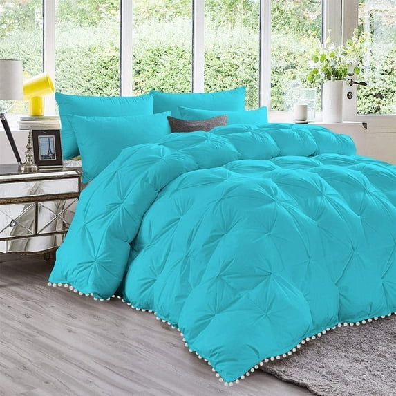 D.N.G. BEDDINGS Luxurious 1 Piece Pom Pom Pinch Pleated Comforter, 800 Thread Count, 100% Egyptian Cotton, White Vintage Pom-Pom Fringe (Super King Size Solid Turquoise Blue Color)