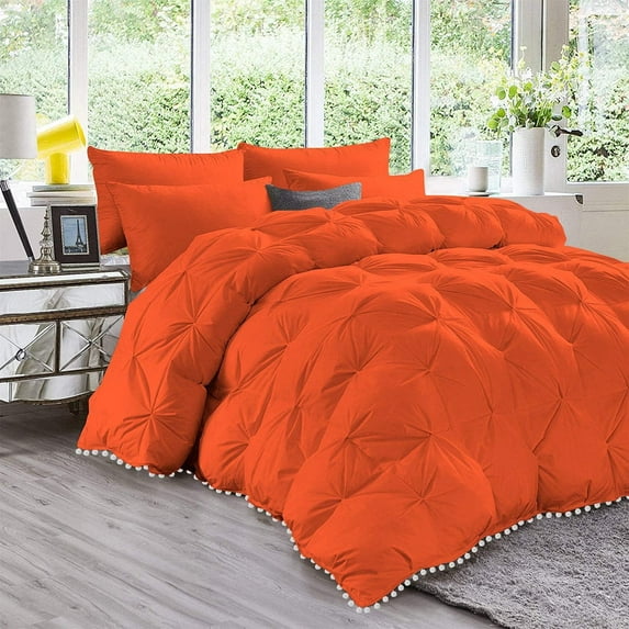 D.N.G. BEDDINGS Luxurious 1 Piece Pom Pom Pinch Pleated Comforter, 800 Thread Count, 100% Egyptian Cotton, White Vintage Pom-Pom Fringe (Super King Size Solid Orange Color)