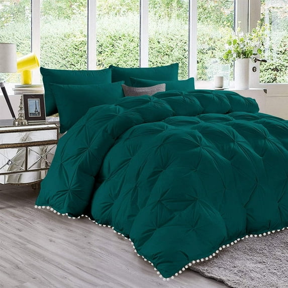 D.N.G. BEDDINGS Luxurious 1 Piece Pom Pom Pinch Pleated Comforter, 800 Thread Count, 100% Egyptian Cotton, White Vintage Pom-Pom Fringe (Super King Size Solid Teal Color)