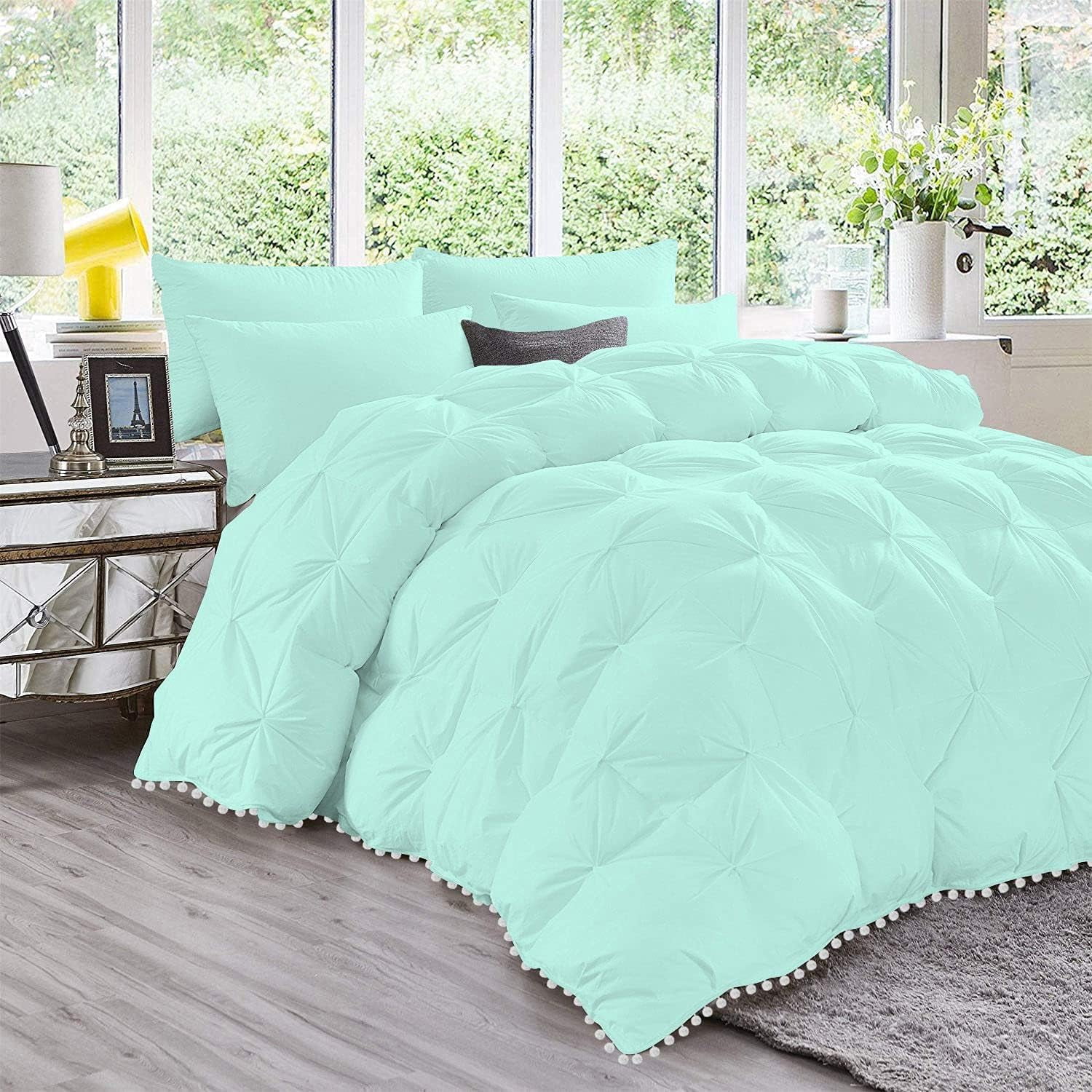 D.N.G. BEDDINGS Luxurious 1 Piece Pom Pom Pinch Pleated Comforter, 800 Thread Count, 100% Egyptian Cotton, White Vintage Pom-Pom Fringe (Twin/Twin XL Size Solid Aqua Blue Color)