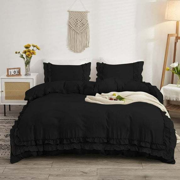 D.N.G. BEDDINGS Luxurious 3 Piece Double Ruffle Duvet Cover With Zipper Closure, 100% Egyptian Cotton, 800 Thread Cotton Full/Queen Size Black Solid