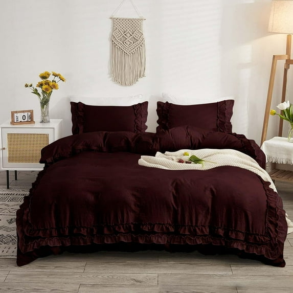 D.N.G. BEDDINGS Luxurious 3 Piece Double Ruffle Duvet Cover With Zipper Closure, 100% Egyptian Cotton, 800 Thread Cotton Full/Queen Size Wine Solid