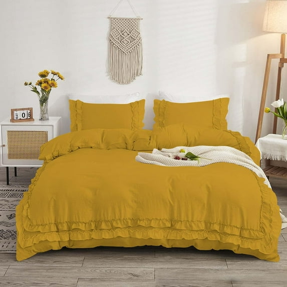 D.N.G. BEDDINGS Luxurious 3 Piece Double Ruffle Duvet Cover With Zipper Closure, 100% Egyptian Cotton, 800 Thread Cotton Super King Size Gold Solid
