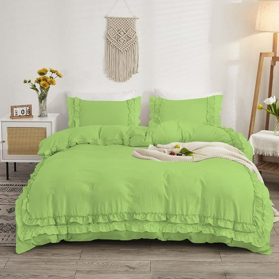 D.N.G. BEDDINGS Luxurious 3 Piece Double Ruffle Duvet Cover With Zipper Closure, 100% Egyptian Cotton, 800 Thread Cotton Twin/Twin XL Size Sage Solid