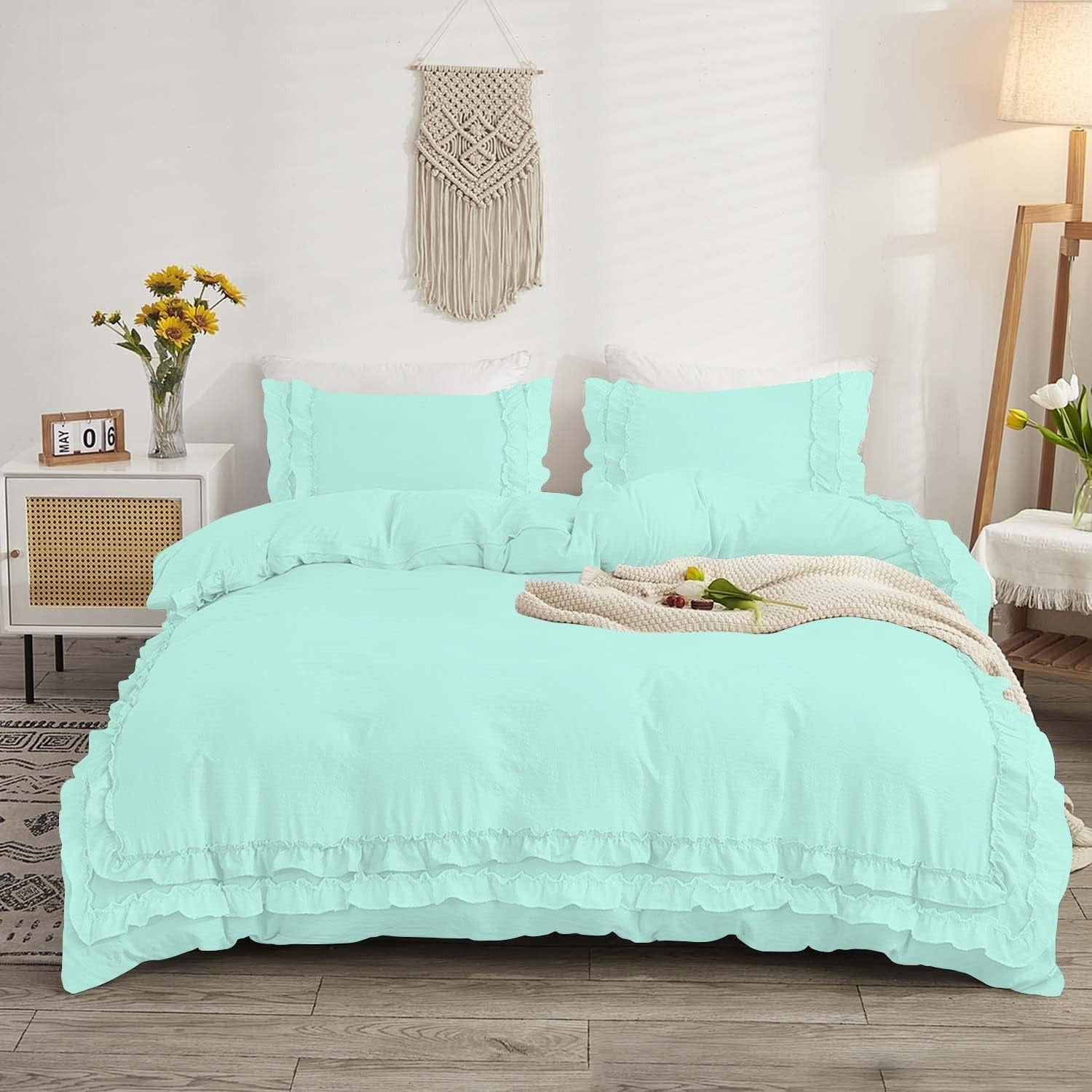 D.N.G. BEDDINGS Luxurious 3 Piece Double Ruffle Duvet Cover With Zipper Closure, 100% Egyptian Cotton, 800 Thread Cotton Full/Queen Size Aqua Blue Solid