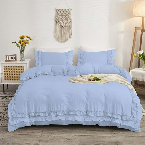 D.N.G. BEDDINGS Luxurious 3 Piece Double Ruffle Duvet Cover With Zipper Closure, 100% Egyptian Cotton, 800 Thread Cotton Full/Queen Size Light Blue Solid