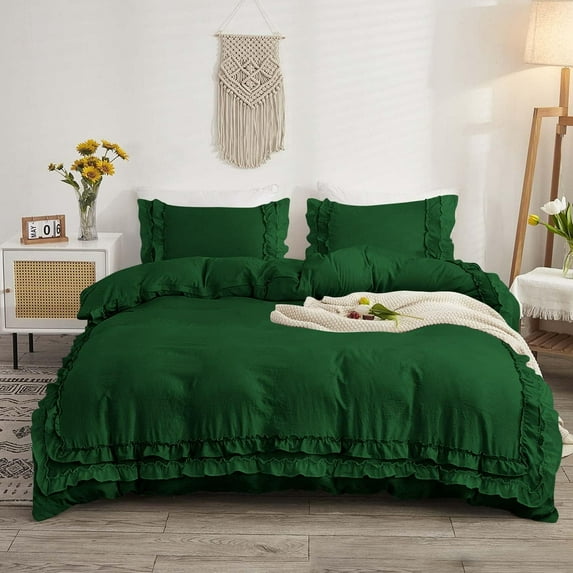 D.N.G. BEDDINGS Luxurious 3 Piece Double Ruffle Duvet Cover With Zipper Closure, 100% Egyptian Cotton, 800 Thread Cotton King/Cal King Size Green Solid