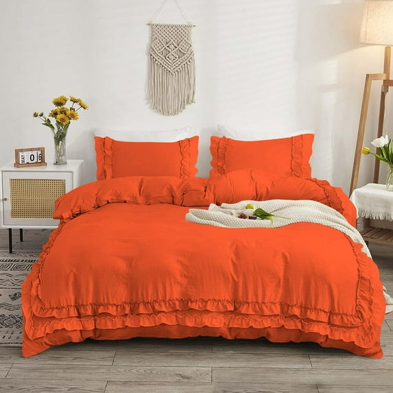 D.N.G. BEDDINGS Luxurious 3 Piece Double Ruffle Duvet Cover With Zipper Closure, 100% Egyptian Cotton, 800 Thread Cotton King/Cal King Size Orange Solid