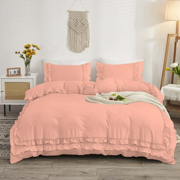 D.N.G. BEDDINGS Luxurious 3 Piece Double Ruffle Duvet Cover With Zipper Closure, 100% Egyptian Cotton, 800 Thread Cotton King/Cal King Size Peach Solid