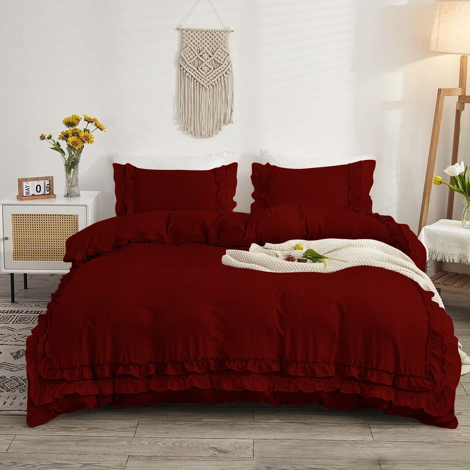 D.N.G. BEDDINGS Luxurious 3 Piece Double Ruffle Duvet Cover With Zipper Closure, 100% Egyptian Cotton, 800 Thread Cotton Super King Size Burgundy Solid