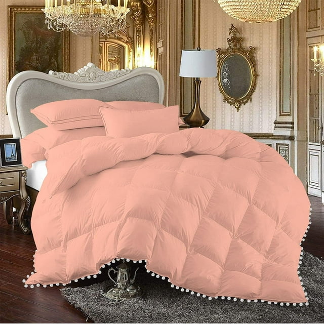 D.N.G. BEDDINGS Luxurious 3 Piece Pom Pom Box Design Comforter Set, 800 Thread Count, 100% Egyptian Cotton, White Vintage Pom-Pom Fringe (Full/Queen Size Solid Peach Color)