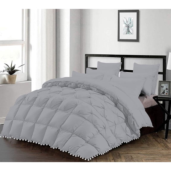 D.N.G. BEDDINGS Luxurious 3 Piece Pom Pom Half Pinch Pleated Comforter Set, 800 TC, 100% Egyptian Cotton, White Vintage Pom-Pom Fringe (Oversized Super King Size Solid Silver Color)