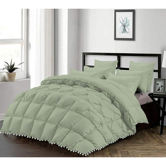 D.N.G. BEDDINGS Luxurious 3 Piece Pom Pom Half Pinch Pleated Comforter Set, 800 TC, 100% Egyptian Cotton, White Vintage Pom-Pom Fringe (Oversized Super King Size Solid Light Sage Color)