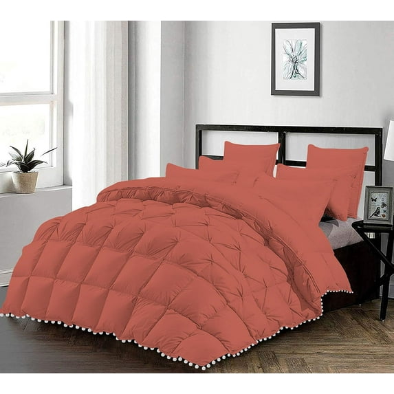 D.N.G. BEDDINGS Luxurious 3 Piece Pom Pom Half Pinch Pleated Comforter Set, 800 TC, 100% Egyptian Cotton, White Vintage Pom-Pom Fringe (Oversized Super King Size Solid Brick Red Color)