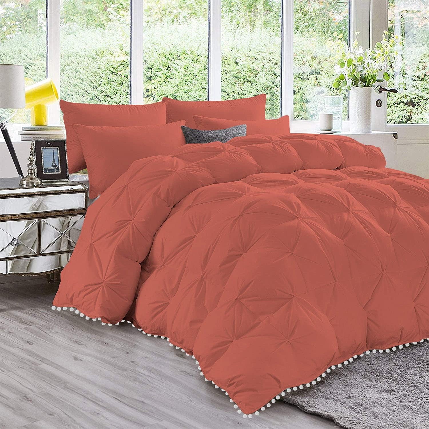 D.N.G. BEDDINGS Luxurious 3 Piece Pom Pom Pinch Pleated Comforter Set, 800 Thread Count, 100% Egyptian Cotton, White Vintage Pom-Pom Fringe (Full/Queen Size Solid Brick Red Color)