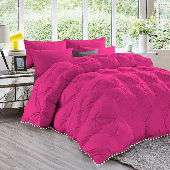 D.N.G. BEDDINGS Luxurious 3 Piece Pom Pom Pinch Pleated Comforter Set, 800 Thread Count, 100% Egyptian Cotton, White Vintage Pom-Pom Fringe (Full/Queen Size Solid Hot Pink Color)