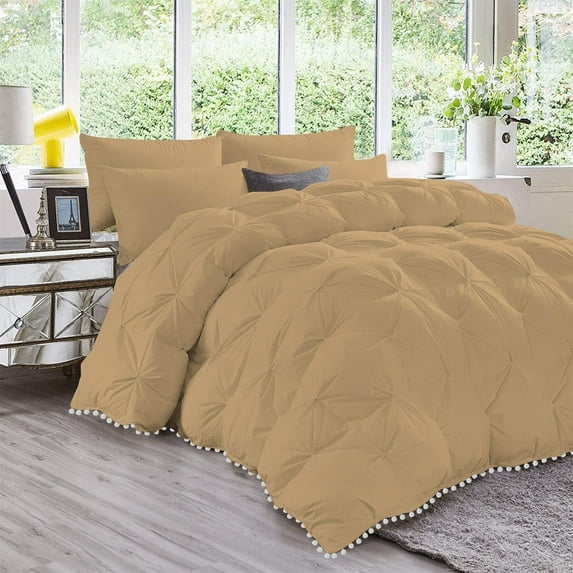 D.N.G. BEDDINGS Luxurious 3 Piece Pom Pom Pinch Pleated Comforter Set, 800 Thread Count, 100% Egyptian Cotton, White Vintage Pom-Pom Fringe (Full/Queen Size Solid Taupe Color)