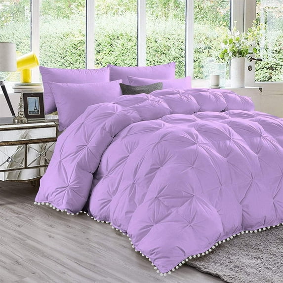 D.N.G. BEDDINGS Luxurious 3 Piece Pom Pom Pinch Pleated Comforter Set, 800 Thread Count, 100% Egyptian Cotton, White Vintage Pom-Pom Fringe (King/California King Size Solid Lilac Color)