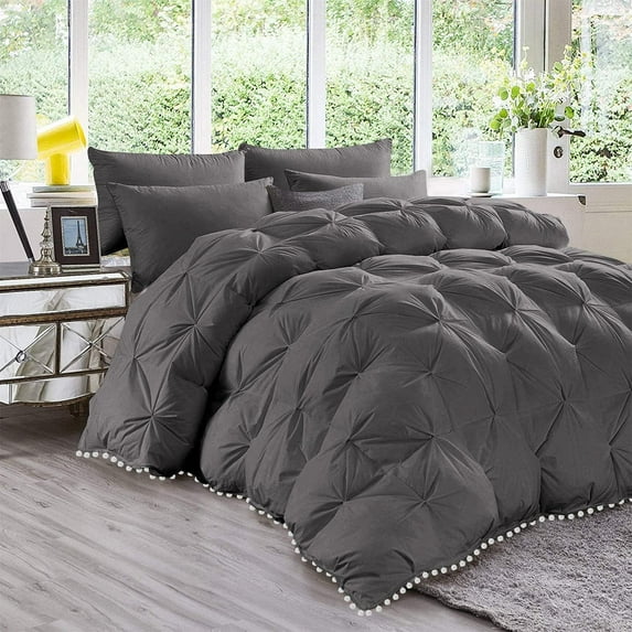 D.N.G. BEDDINGS Luxurious 3 Piece Pom Pom Pinch Pleated Comforter Set, 800 Thread Count, 100% Egyptian Cotton, White Vintage Pom-Pom Fringe (King/California King Size Solid Dark Grey Color)