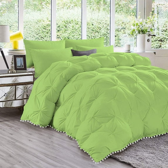 D.N.G. BEDDINGS Luxurious 3 Piece Pom Pom Pinch Pleated Comforter Set, 800 Thread Count, 100% Egyptian Cotton, White Vintage Pom-Pom Fringe (Oversized Super King Size Solid Sage Color)