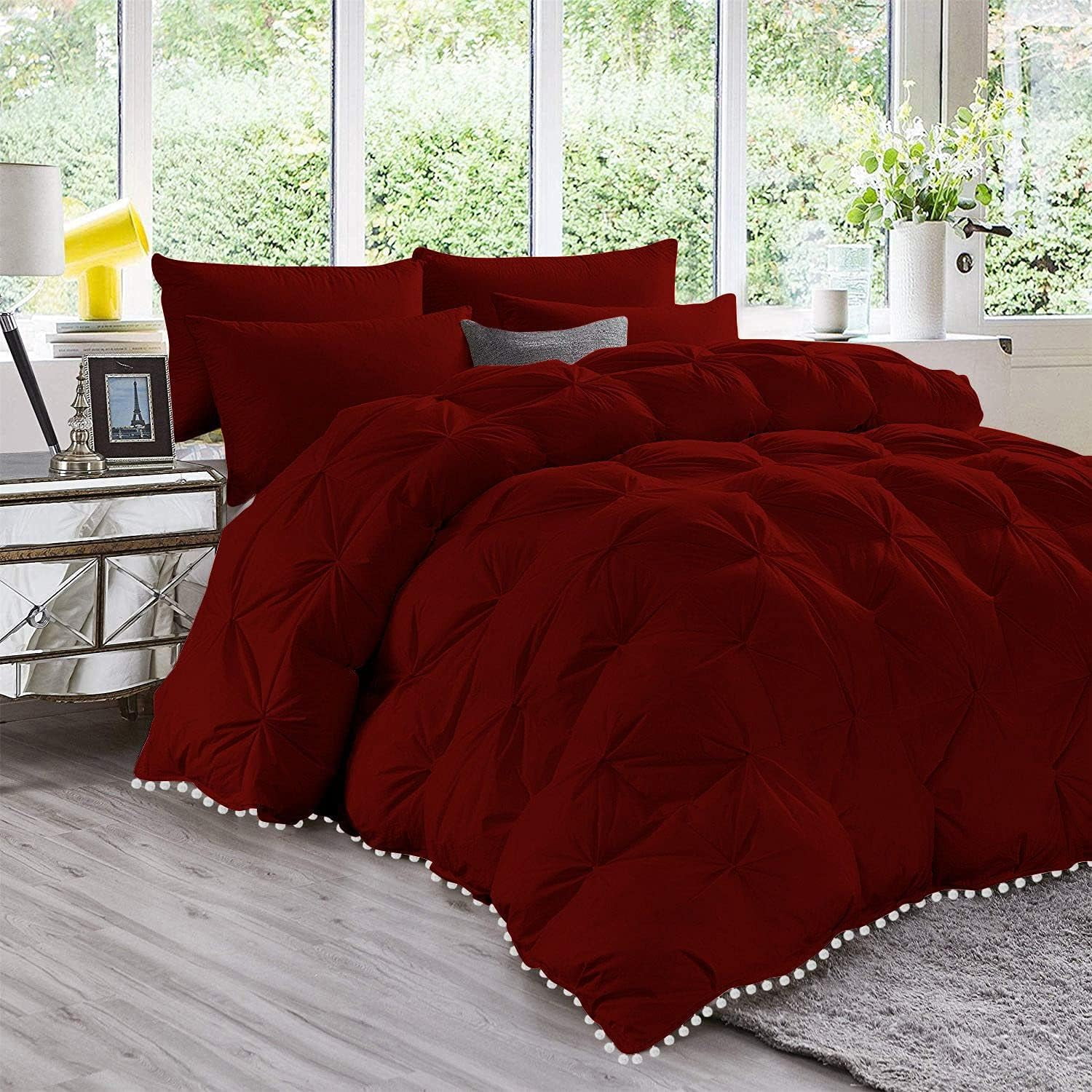 D.N.G. BEDDINGS Luxurious 3 Piece Pom Pom Pinch Pleated Comforter Set, 800 Thread Count, 100% Egyptian Cotton, White Vintage Pom-Pom Fringe (Oversized Super King Size Solid Burgundy Color)