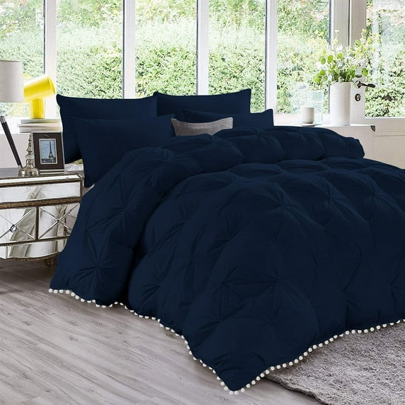D.N.G. BEDDINGS Luxurious 3 Piece Pom Pom Pinch Pleated Comforter Set, 800 Thread Count, 100% Egyptian Cotton, White Vintage Pom-Pom Fringe (Super King Size Solid Navy Color)
