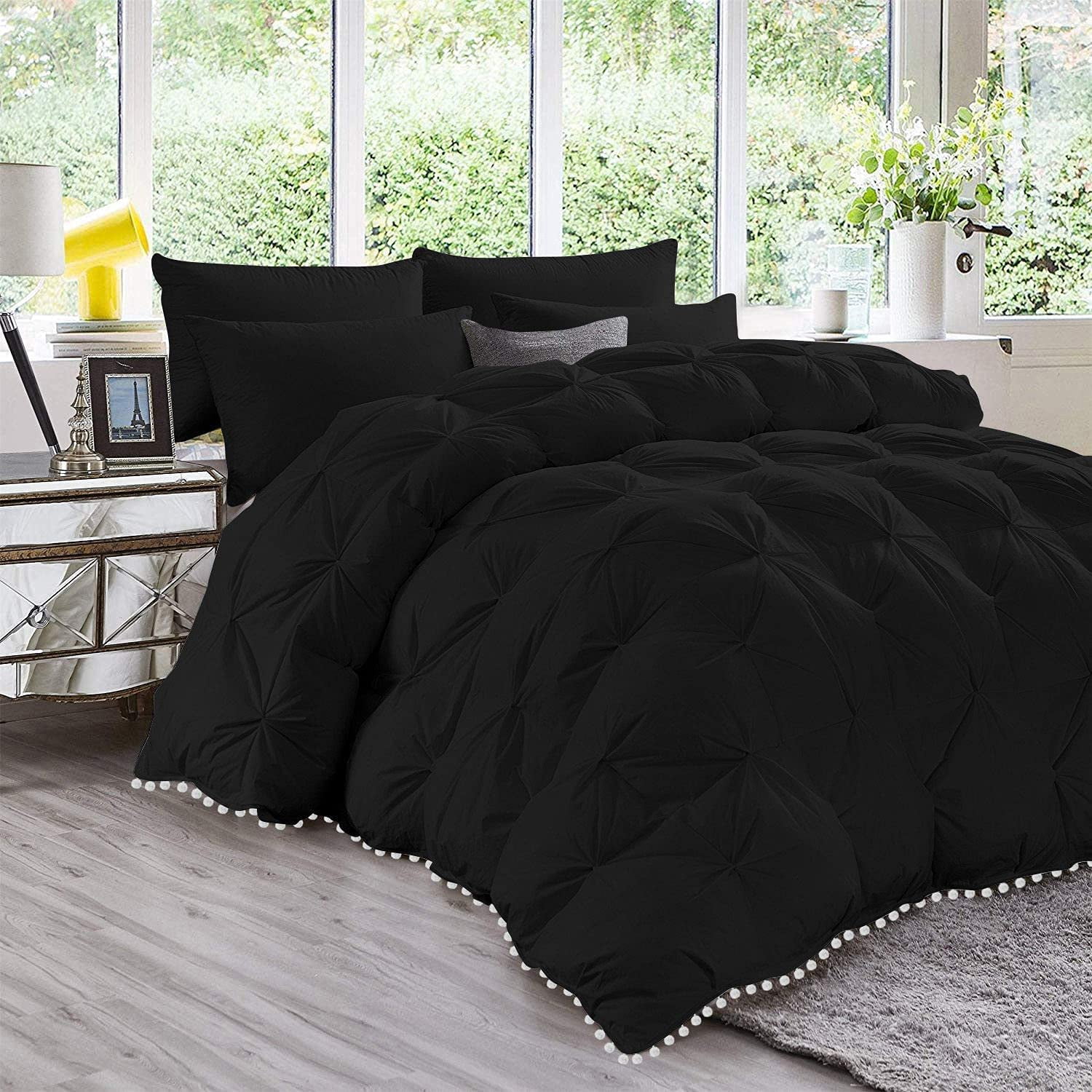 D.N.G. BEDDINGS Luxurious 3 Piece Pom Pom Pinch Pleated Comforter Set, 800 Thread Count, 100% Egyptian Cotton, White Vintage Pom-Pom Fringe (Super King Size Solid Black Color)