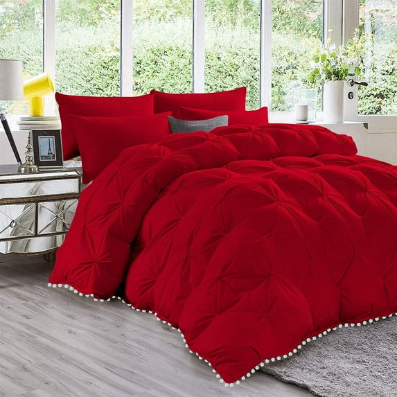 D.N.G. BEDDINGS Luxurious 3 Piece Pom Pom Pinch Pleated Comforter Set, 800 Thread Count, 100% Egyptian Cotton, White Vintage Pom-Pom Fringe (Twin/Twin XL Size Solid Red Color)