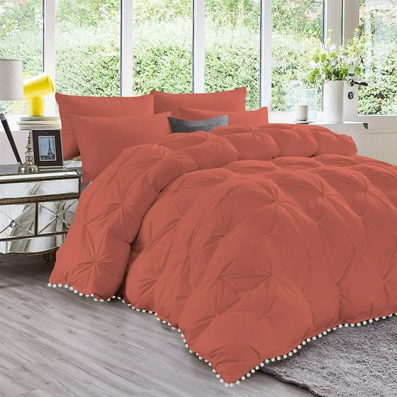 D.N.G. BEDDINGS Luxurious 3 Piece Pom Pom Pinch Pleated Comforter Set, 800 Thread Count, 100% Egyptian Cotton, White Vintage Pom-Pom Fringe (Twin/Twin XL Size Solid Brick Red Color)