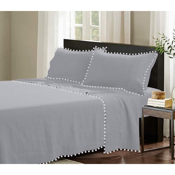 D.N.G. BEDDINGS Luxurious 4 Piece Pom Pom Sheet Set 8 Inch Deep Pocket, White Pom-Pom Fringe Solid Pattern, 800 Thread Count 100% Egyptian Cotton (Solid Silver Color King Size)