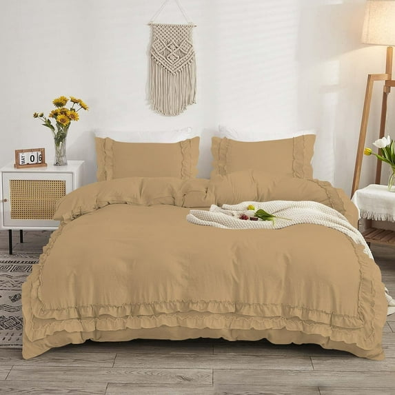 D.N.G. BEDDINGS Luxurious 5 Piece Double Ruffle Duvet Cover With Zipper Closure, 100% Egyptian Cotton, 800 Thread Cotton Full/Queen Size Taupe Solid