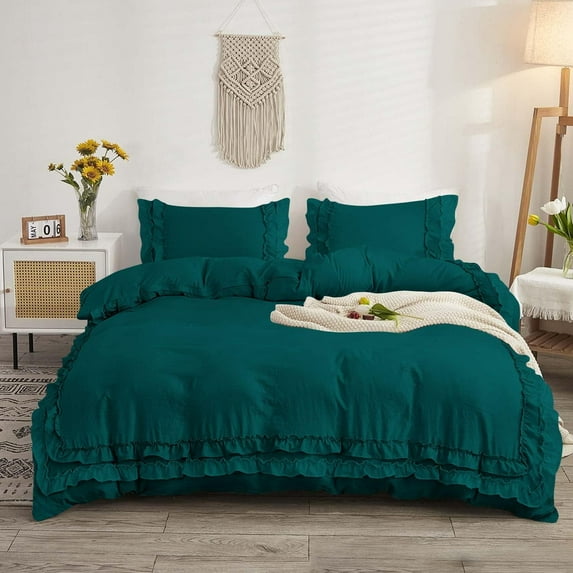 D.N.G. BEDDINGS Luxurious 5 Piece Double Ruffle Duvet Cover With Zipper Closure, 100% Egyptian Cotton, 800 Thread Cotton Oversized Super King Teal Solid