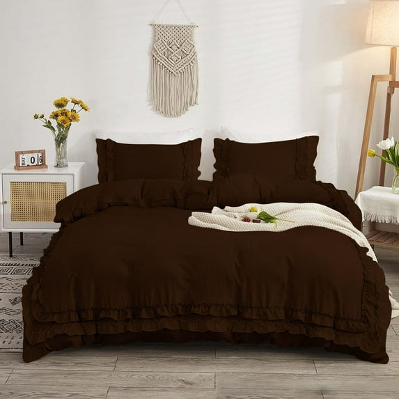 D.N.G. BEDDINGS Luxurious 5 Piece Double Ruffle Duvet Cover With Zipper Closure, 100% Egyptian Cotton, 800 Thread Cotton Twin/Twin XL Size Chocolate Solid