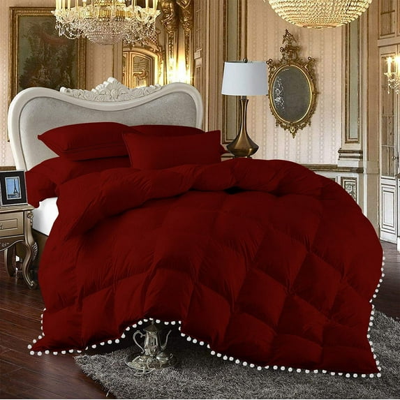 D.N.G. BEDDINGS Luxurious 5 Piece Pom Pom Box Design Comforter Set, 800 Thread Count, 100% Egyptian Cotton, White Vintage Pom-Pom Fringe (Full/Queen Size Solid Burgundy Color)