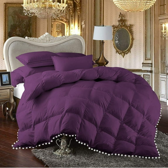 D.N.G. BEDDINGS Luxurious 5 Piece Pom Pom Box Design Comforter Set, 800 Thread Count, 100% Egyptian Cotton, White Vintage Pom-Pom Fringe (Full/Queen Size Solid Plum Color)