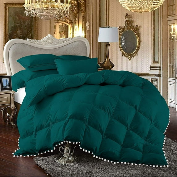 D.N.G. BEDDINGS Luxurious 5 Piece Pom Pom Box Design Comforter Set, 800 Thread Count, 100% Egyptian Cotton, White Vintage Pom-Pom Fringe (Super King Size Solid Teal Color)