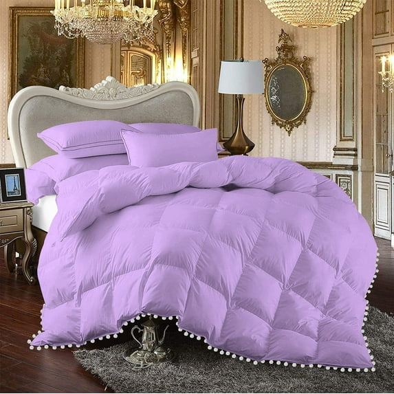 D.N.G. BEDDINGS Luxurious 5 Piece Pom Pom Box Design Comforter Set, 800 Thread Count, 100% Egyptian Cotton, White Vintage Pom-Pom Fringe (Super King Size Solid Lilac Color)
