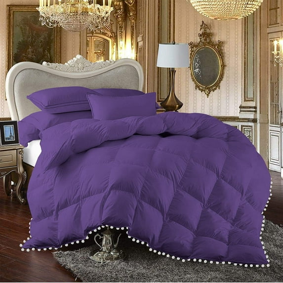 D.N.G. BEDDINGS Luxurious 5 Piece Pom Pom Box Design Comforter Set, 800 Thread Count, 100% Egyptian Cotton, White Vintage Pom-Pom Fringe (Twin/Twin XL Size Solid Purple Color)