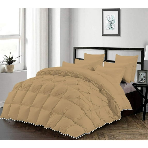 D.N.G. BEDDINGS Luxurious 5 Piece Pom Pom Half Pinch Pleated Comforter Set, 800 TC, 100% Egyptian Cotton, White Vintage Pom-Pom Fringe (King/California King Size Solid Taupe Color)